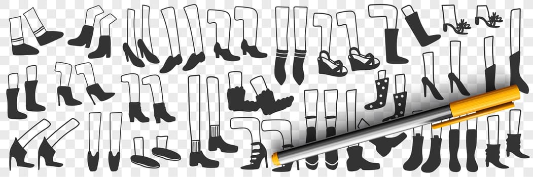 Boots and shoes doodle set. Collection of hand drawn human footwear boots shoes of sportive style and high heeled on legs isolated on transparent background