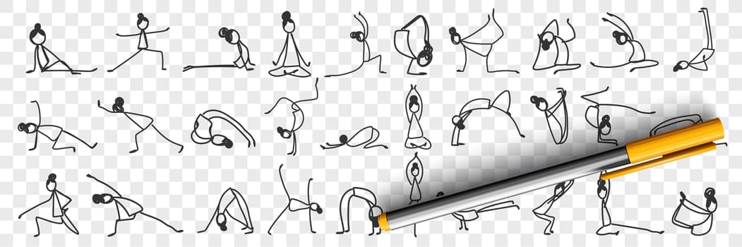 Practicing yoga and pilates doodle set. Collection of hand drawn female silhouettes making asanas practicing gymnastics yoga meditation and plates isolated on transparent background