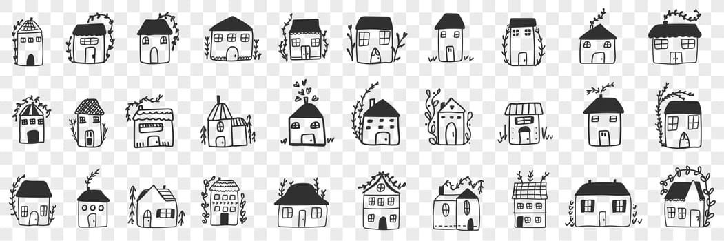 Buildings and houses doodle set. Collection of hand drawn various facades of building houses for family accommodation isolated on transparent background