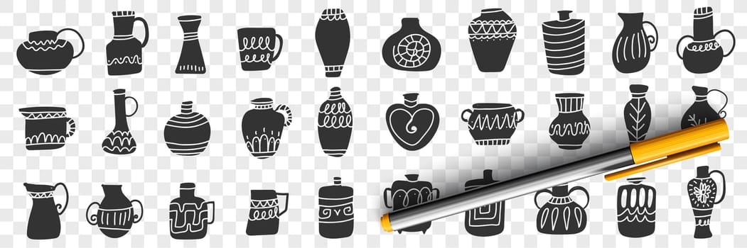 Jugs and containers doodle set. Collection of hand drawn dark silhouettes of clay jugs and mugs of various shapes and styles isolated on transparent background