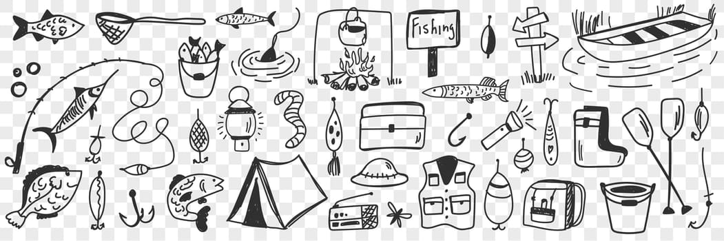 Fishing tools and accessories doodle set. Collection of hand drawn hooks camping worm clothing bucket fishes bonfire lamp for fishing on nature hobby leisure active rest on transparent background