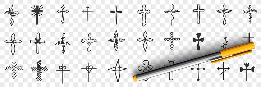 Crosses of various shapes doodle set. Collection of hand drawn religious and decorative cross of different souls and forms isolated on transparent background