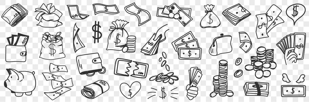Money and finance doodle set. Collection of hand drawn cash savings piggybank scale with dollars currency stack of coins money savings isolated on transparent background