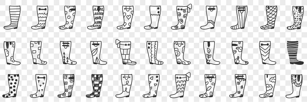 Rubber boots designs doodle set. Collection of hand drawn various designs and patterns of rubber boots for wearing during rainy weather footwear isolated on transparent background