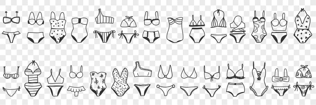 Female bikini swimwear doodle set. Collection of hand drawn elegant casual beachwear bikini swimsuits for wearing on beach for women fashion isolated on transparent background