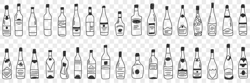 Bottles for alcohol doodle set. Collection of hand drawn various shapes and forms of glass bottle for keeping wine and liquids isolated on transparent background