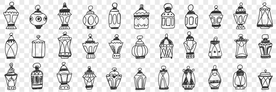 Decorations lamps and shades doodle set. Collection of hand drawn decorative elegant vintage shades with lamps for light and carrying in hand isolated on transparent background