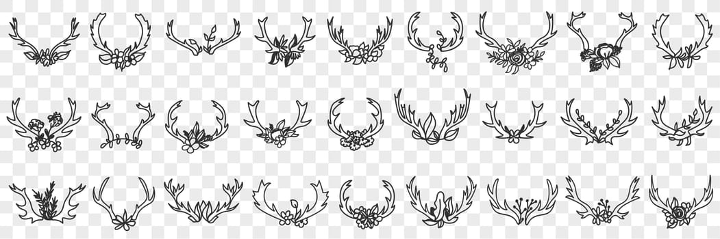 Deers horns as decorations doodle set. Collection of hand drawn various horns of wild deers animals for hanging in interiors as decorations isolated on transparent background