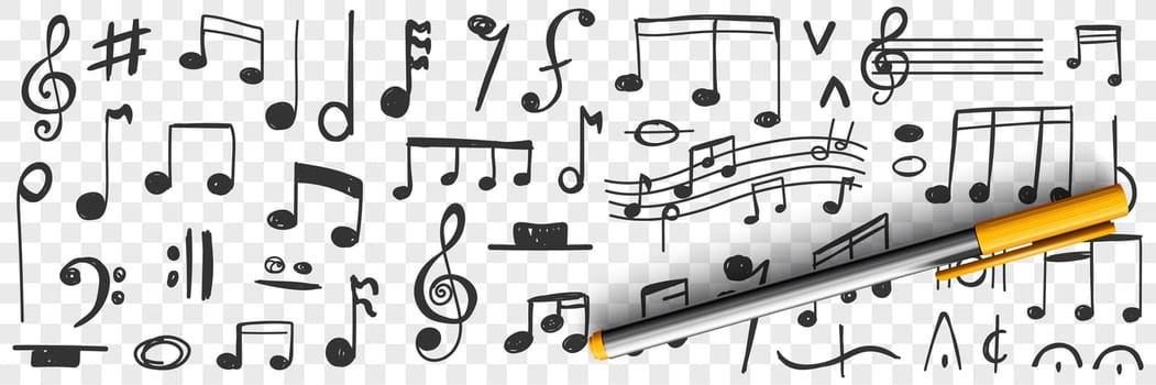 Musical notes drawings doodle set. Collection of hand drawn musical notation with notes treble clef bass clef stave and notes for writing music and education isolated on transparent background