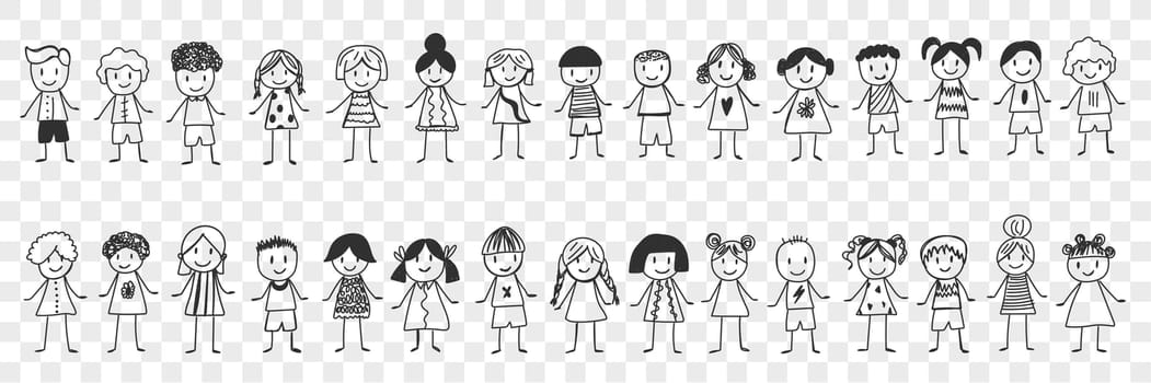 Happy boys and girls doodle set. Collection of hand drawn various smiling children boys and girls standing and feeling cheerful isolated on transparent background