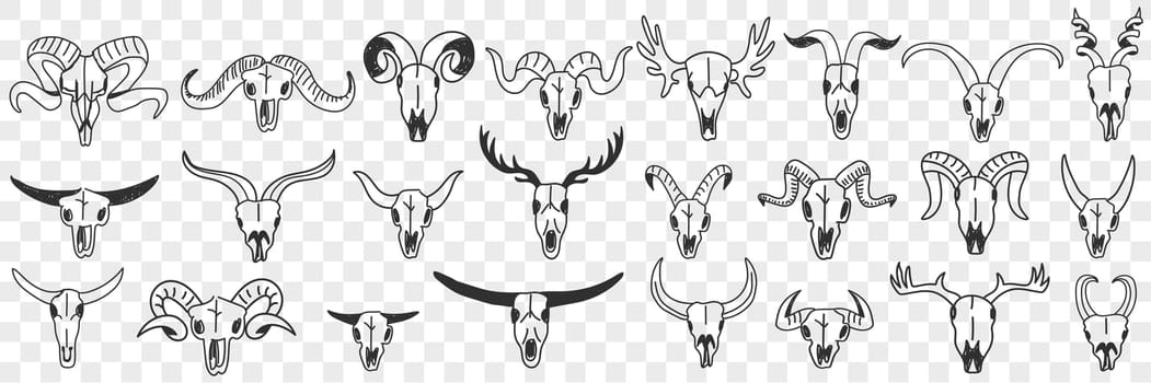 Buffalo horns as decorations doodle set. Collection of hand drawn various horns of wild buffalo animals for hanging in interiors as decorations isolated on transparent background