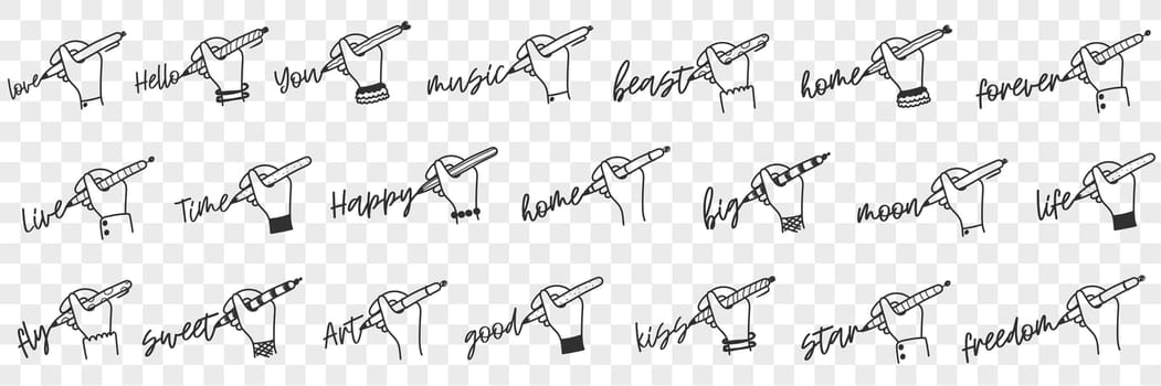 Writing human hand doodle set. Collection of hand drawn human hand writing various words love freedom you forever good sweet fly happy art home time live hello isolated on transparent background