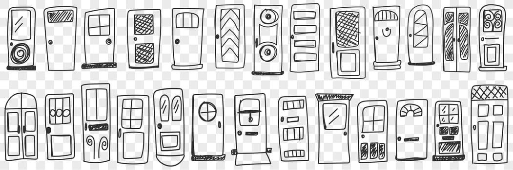 Doors of various styles doodle set. Collection of hand drawn various doors for interiors or building facades different styles and patterns isolated on transparent background