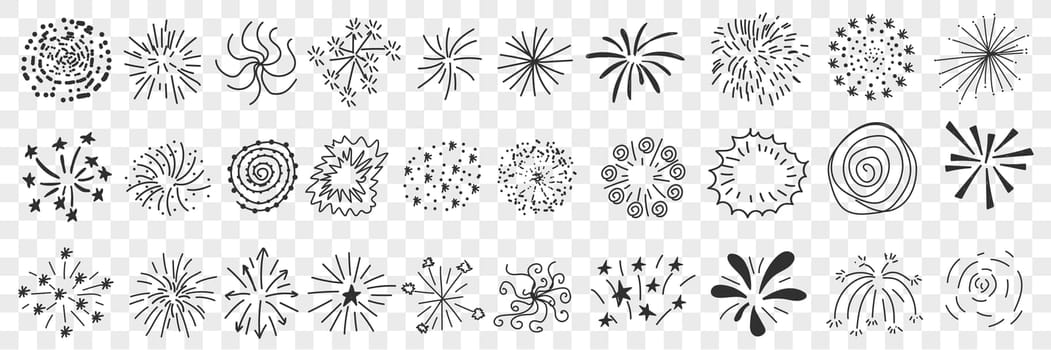Star patterns and lines drawings doodle set. Collection of hand drawn decorative elegant patterns of stars lines splashes flash in round circle shapes isolated on transparent background