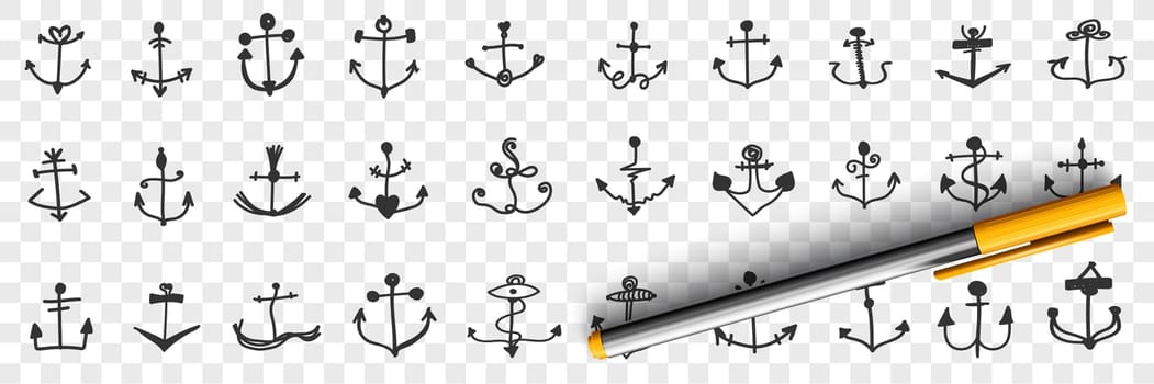 Anchors for ships doodle set. Collection of hand drawn various anchors of different shapes and styles for board ships and nautical marine water vehicles isolated on transparent background