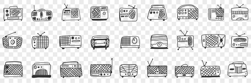 Vintage retro Radio tape recorder doodle set. Collection of hand drawn retro styled radio and tape recorders with antennas for listening to music isolated on transparent background