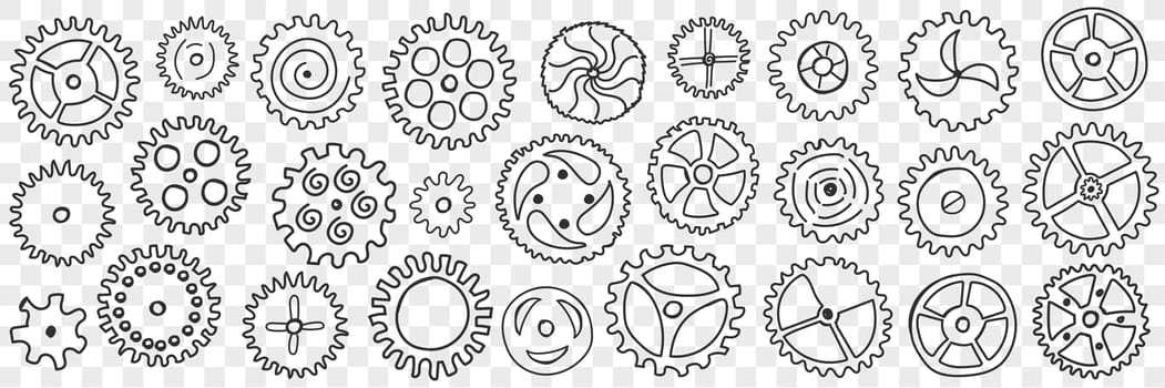 Circle gears with patterns doodle set. Collection of hand drawn various gears mechanisms with patterns and different filling industrial engineering wheels isolated on transparent background