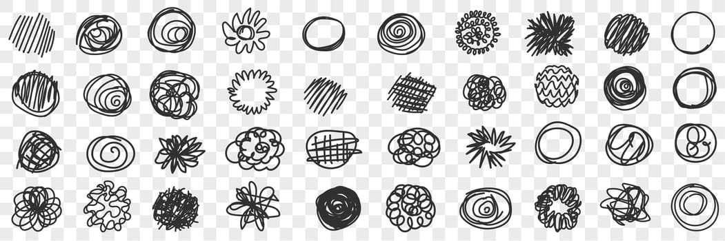 Curves circles scribbles lines doodle set. Collection of hand drawn scribbles of various patterns waving lines geometrical shapes isolated on transparent background