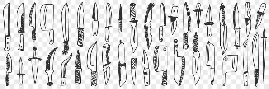 Knives for cutting doodle set. Collection of hand drawn various table and kitchen knife for cooking and cutting isolated on transparent background