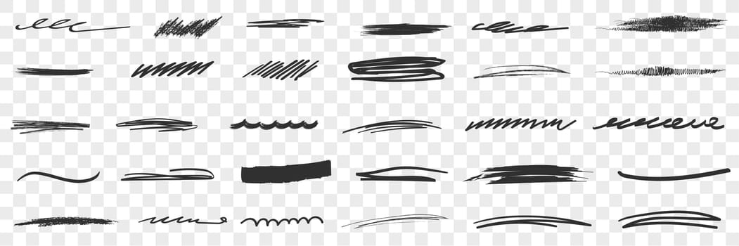 Thick and thin Scribbles lines drawings doodle set. Collection of hand drawn scribbles of various patterns and thickness lines geometrical shapes isolated on transparent background