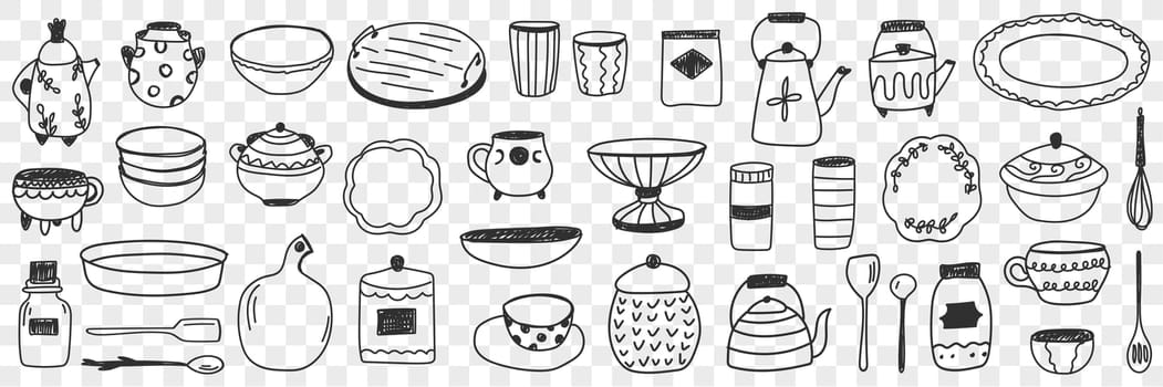 Tableware on kitchen doodle set. Collection of hand drawn kitchen and tableware boards pots kettles plates cutlery glasses mugs for cooking and eating isolated on transparent background