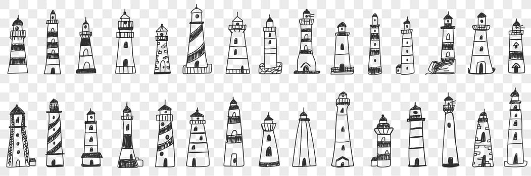 Lighthouse buildings in sea doodle set. Collection of hand drawn various facades of lighthouse buildings in sea or ocean shining lights isolated on transparent background