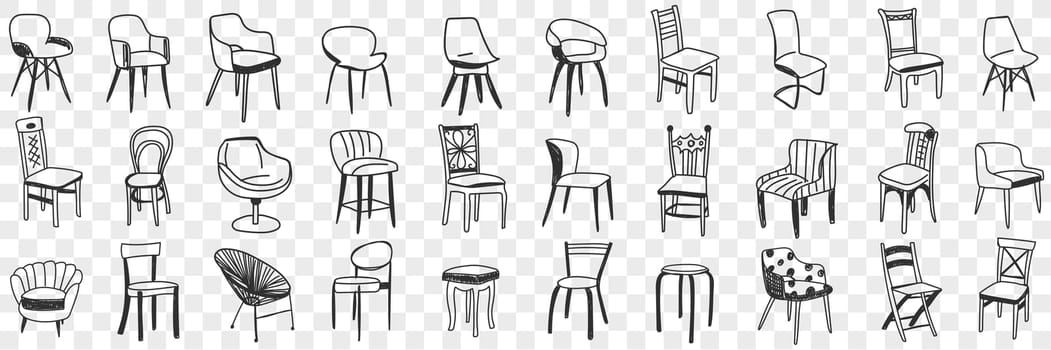 Chairs and armchairs doodle set. Collection of hand drawn various chairs of different designs for rooms flats offices interiors isolated on transparent background