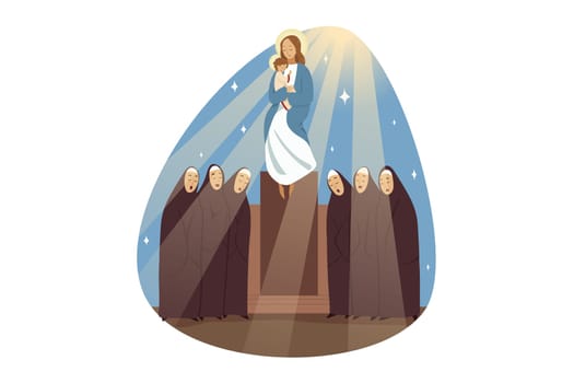 Saturday of akathist, religion, bible, christianity concept. Choir of women nuns sisters singing songs glorifying Virgin Mary Jesus Christ son of God biblical religious characters. Catholic holiday.