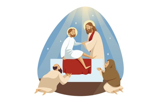 Lazarus resurrection, bible, religion, christianity concept. Jesus Christ son of God biblical character Messiah prophet makes miraculous ascension of dead man. Catholic religious holiday illustration.