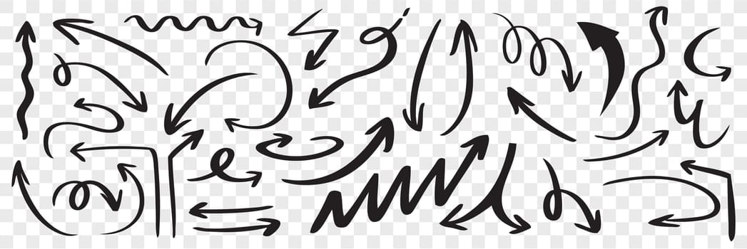 Set of hand drawn black arrows. Doodle curved scattered scribble sketch pointer line direction arrowhead on transparent background. Round or twisted navigation symbol.