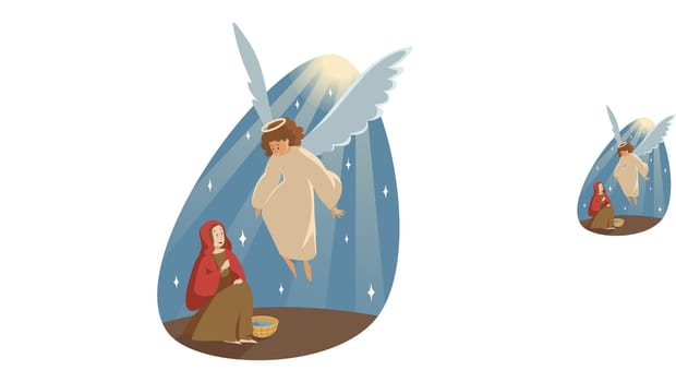 Annunciation, religion, bible, christianity concept. Catholic orthodox holiday illustration. Angel biblical religious character archangel Gabriel appearing to virgin Mary and carrying Gospel from God.