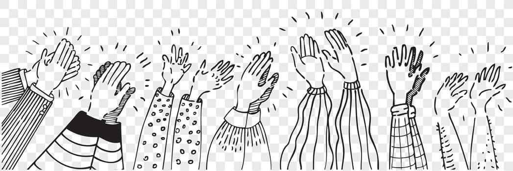 Hand drawn clapping human hands doodle set. Collection pencil chalk drawing sketches men women raising arms making applause isolated on transparent background. Greeting celebration or ovation.
