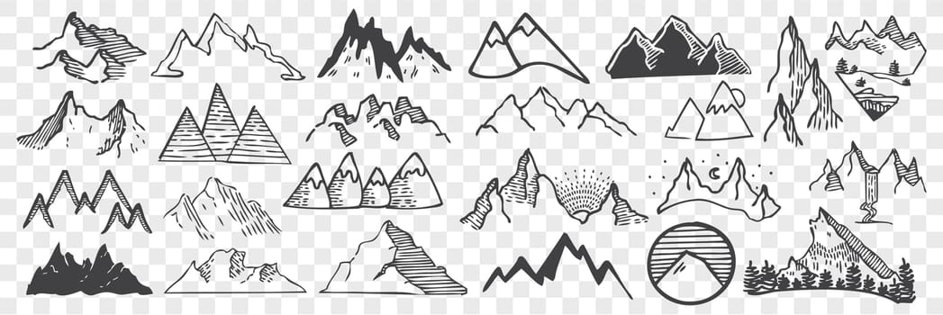Hand drawn mountain peaks doodle set. Collection of pencil chalk drawing sketches different form shape hill or rock tops of on transparent background. Highland objects illustration.