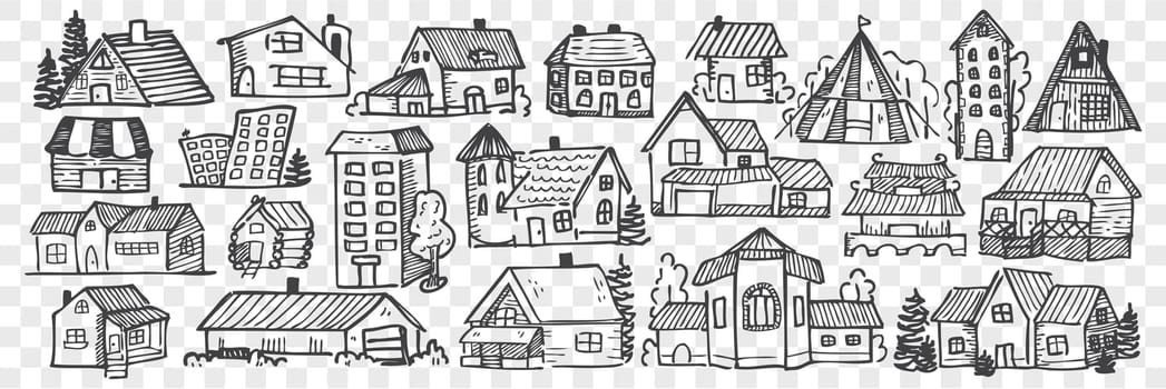 Hand drawn buildings doodle set. Collection of pencil chalk drawing sketches different city or village houses isolated on transparent background. Architecture real estate illustration.