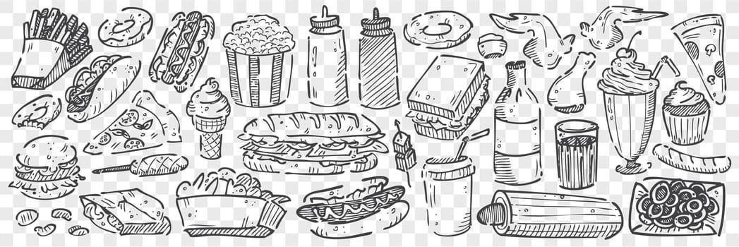Hand drawn junk food doodle set. Collection of pencil chalk drawing sketches of pop corn sandwitch hot dog french fries hamburger and pizza on transparent background. Unhealthy nutrition fast food.