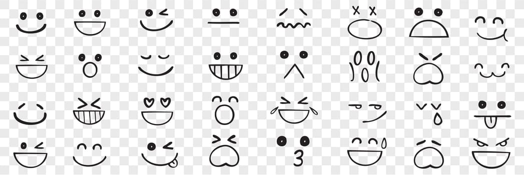 Hand drawn emotions set. Face expressions happy or sad doodles or laughing faces smiling mouths crying eyes. Different mood positive and negative human feelings illustration.