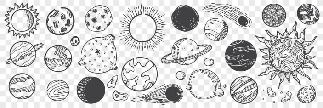Hand drawn planets doodle set. Collection of pencil chalk drawing sketches of Venus Mercury Sun Earth Neptune Jupiter Saturn on transparent background. Outer space objects illustration.