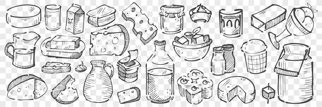 Hand drawn dairy produce doodle set. Collection of pencil chalk drawing sketches of cheese cheddar parmesan milk clabber sour and ice cream on transparent background. Cow products illustration.