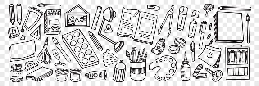 Hand drawn artistic equipment doodle set. Collection pencil chalk drawing sketches scissors notebook brush paintings glue on transparent background. Various goods for making art pictures illustration.