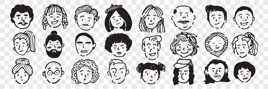 Hand drawn human faces doodle set. Collection of pen ink pencil drawing sketches of young old men women boys girls facial expressions on transparent background. Illustration different age generation.