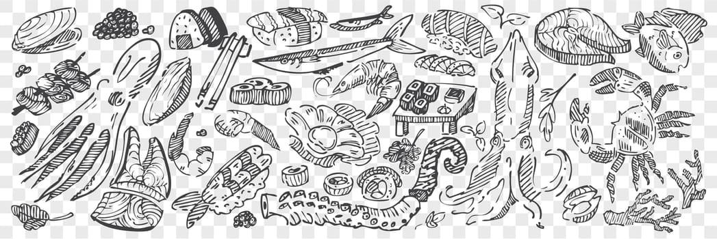Hand drawn sea food doodle set. Collection of pencil chalk drawing sketches of sushi lobster squid caviar mussels octopus and ocean fish on transparent background. Exotic marine dishes illustration.