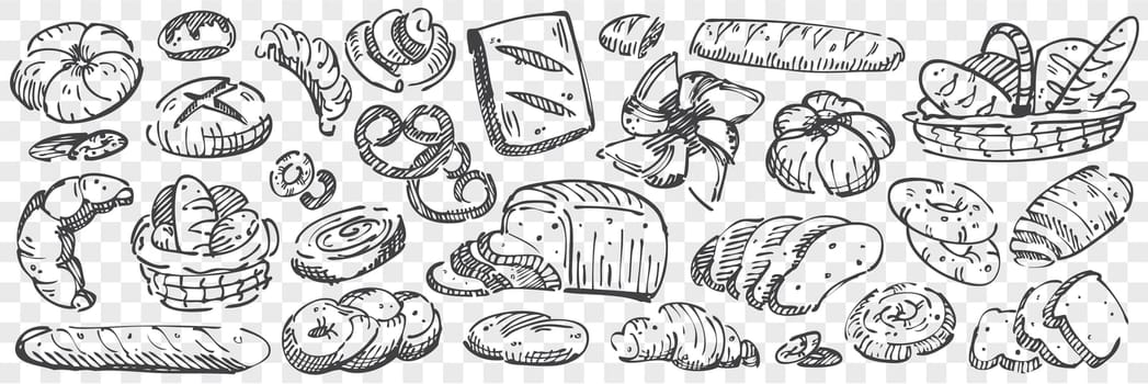 Hand drawn bread doodle set. Collection of pencil chalk drawing sketches of loaves toasts pretzel baguette muffins buns swiss roll bagel donuts on transparent background. Baking food illustration.