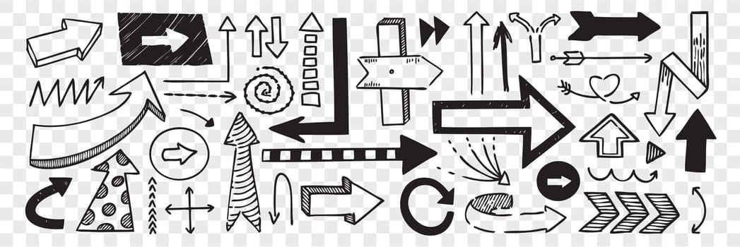 Hand drawn pointers doodle set. Collection of pen ink pencil drawing sketches direction boards and arrows isolated on transparent background. Illustration of different road or touristic placards.