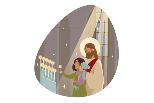 Candlemas, religion, character, bible concept. Jesus Christ son of god Messiah prophet stands with young mother and child baby holding consecrated sanctified candles praying. Catholic orthodox holiday