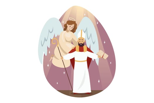 St. Isidores day, religion, christianity, bible concept. Angel biblical religious character supporting holding Saint Isidore head ancient philosopher patron of Internet. Catholic holiday illustration.