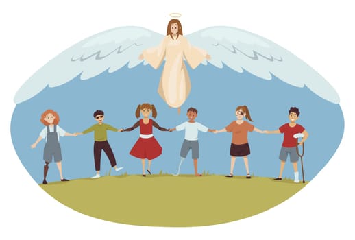 Protection, disability, support, religion, christianity concept. Angel biblical religious character protecting young happy handicapped injured disabled people children kids. Divine help healthcare.