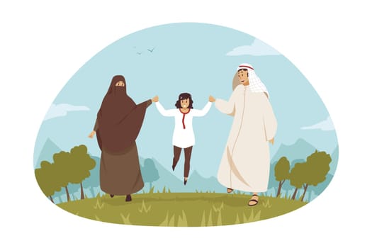 Family, love, fatherhood, motherhood, recreation. Young man muslim husband dad and arabic woman wife mom cartoon characters walking in park with child kid son together. Family recreation illustration.