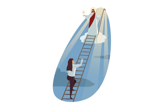 Religion, christianity, business, support, success concept. Jesus Christ son of God messiah leading young happy businesswoman climbing on ladder to shining star. Heaven blessing help goal achievement.