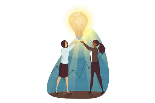 Success, goal achievement, winning, teamwork, business concept. Team of young african american businesswomen clerks managers characters holding light bulb. Successful trouble solution idea creation.