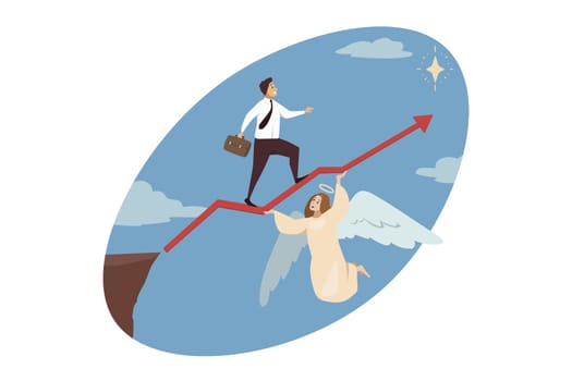 Religion, christianity, support, startup, goal achievement concept. Angel biblical character helping businessman manager walking on red arrow to shining star. Divine assistance and reaching purposes.